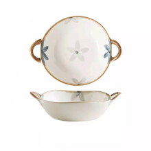Large Ceramic Ramen Soup Bowl with Handles, 9 Inch Deep Retro Blue and Brown Serving Bowl