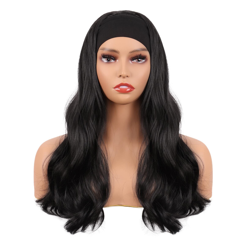 24 Inch Black Curly Wig for Women, Heatstylable Synthetic Headband Wig with Natural Curly Look