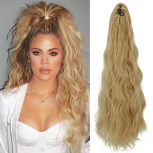 Ponytail Hair Extension with Mini Claw Clip, 24' Long Wavy Synthetic Ash Blonde Mix Hairpiece
