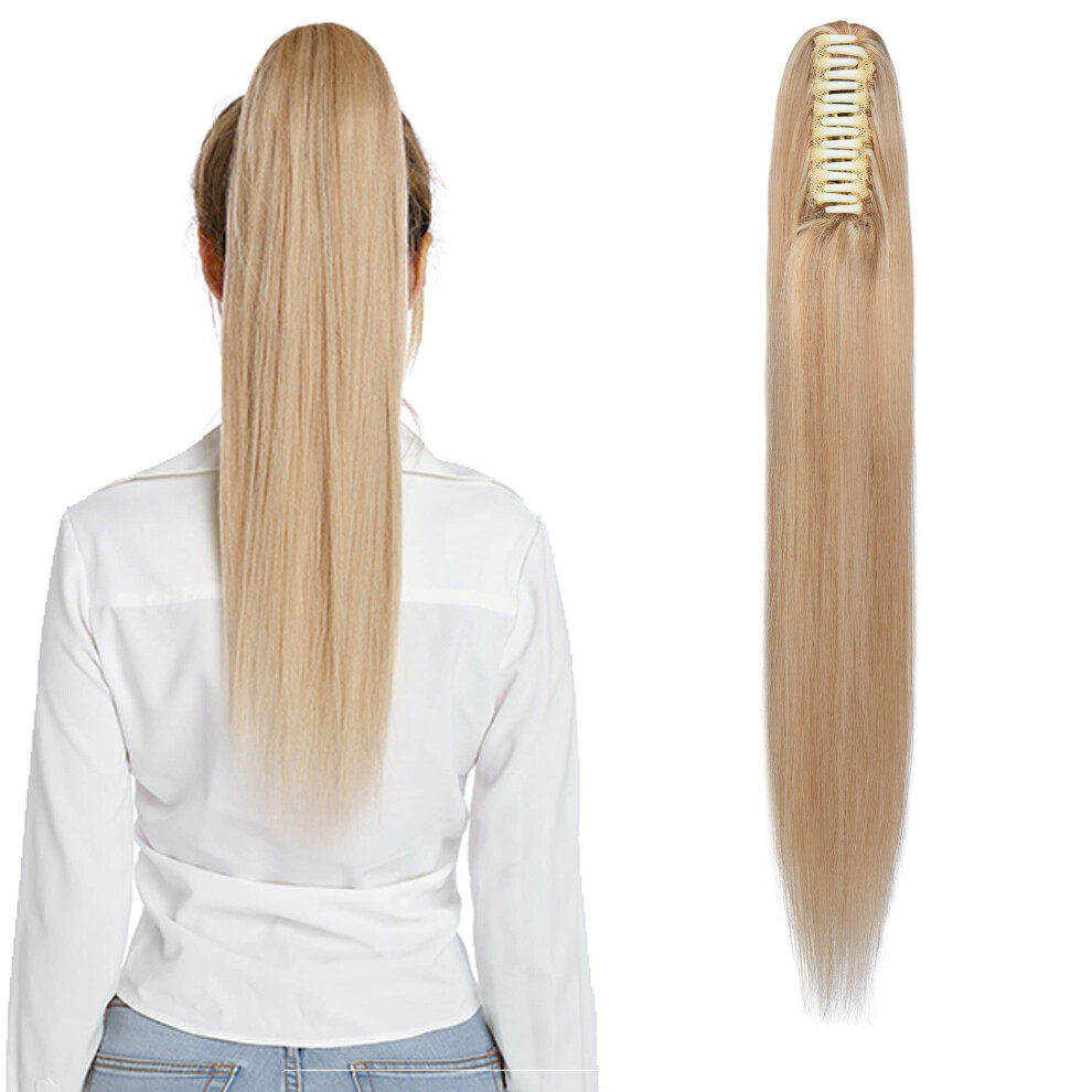 Unisex Remy Human Hair Claw Clip Ponytail Extension 14Inch 105G Ash Blonde Mix For Instant Volume Boost