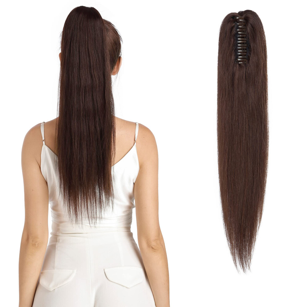 Unisex Brown Dark Human Hair Ponytail Extension 18 Inch Claw Clip Remy Hair For Women Instant Volume Boost