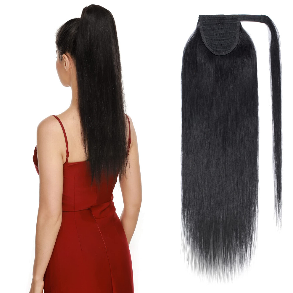 Unisex Black Human Hair Ponytail Extension 18Inch Jet Wrap Around Clip In Style For Women, Natural Blend Finish