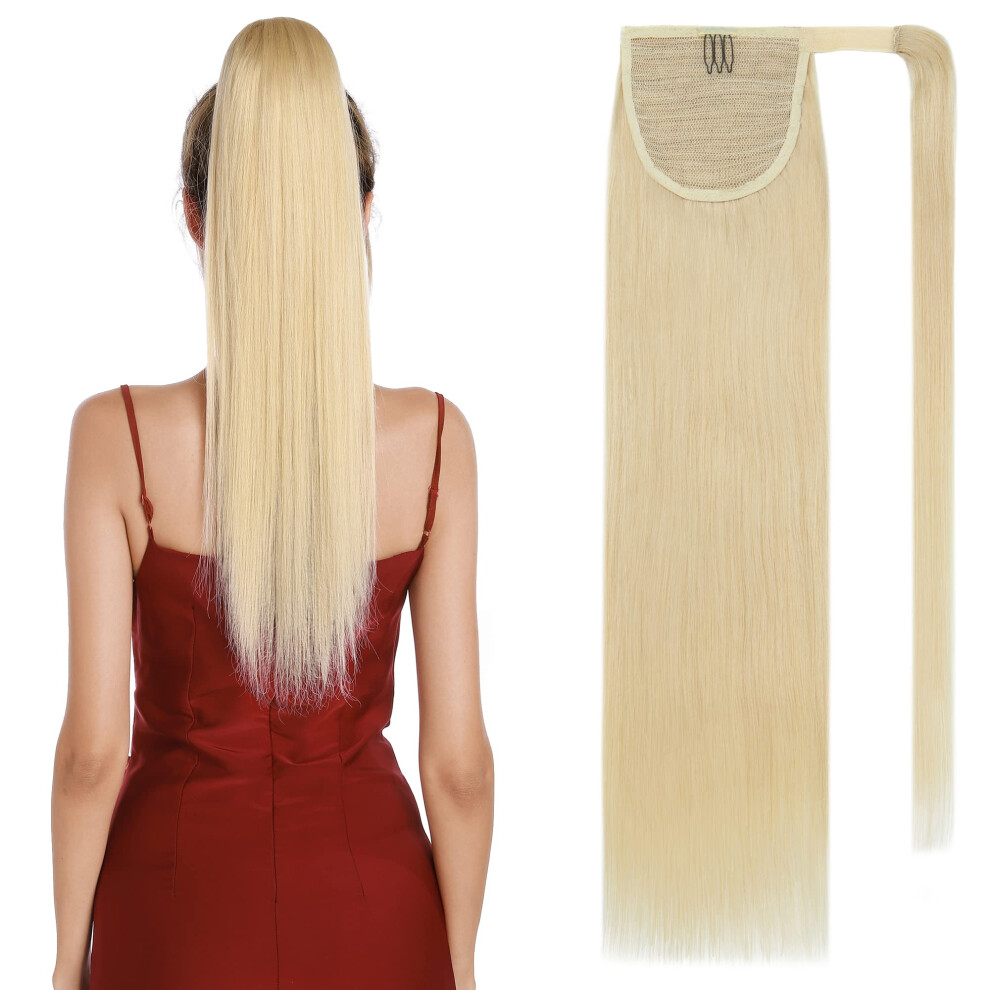 Unisex 16 Inch Bleach Blonde Human Hair Ponytail Extension With Secure Claw Clip, Instant Volume Boost