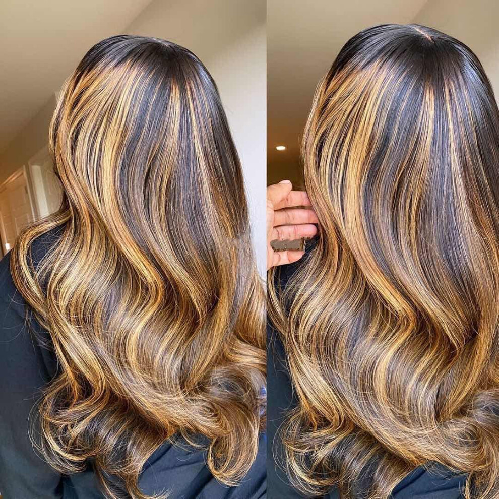 13x4 Wavy Highlight 27 Brazilian Human Hair Wig Pre Plucked With Baby Hair Transparent Lace 150 Density 16inch