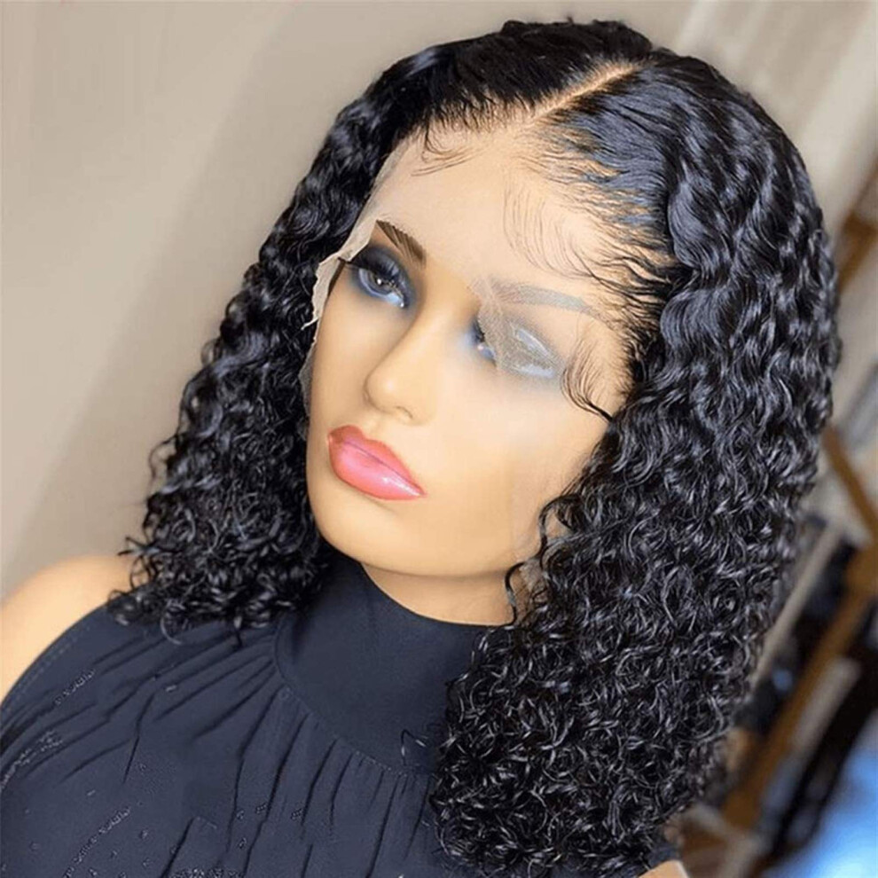 Unisex 14 Inch Deep Curly Lace Front Bob Wig Human Hair, Pre Plucked Bleached Knots Brazilian Virgin Hair