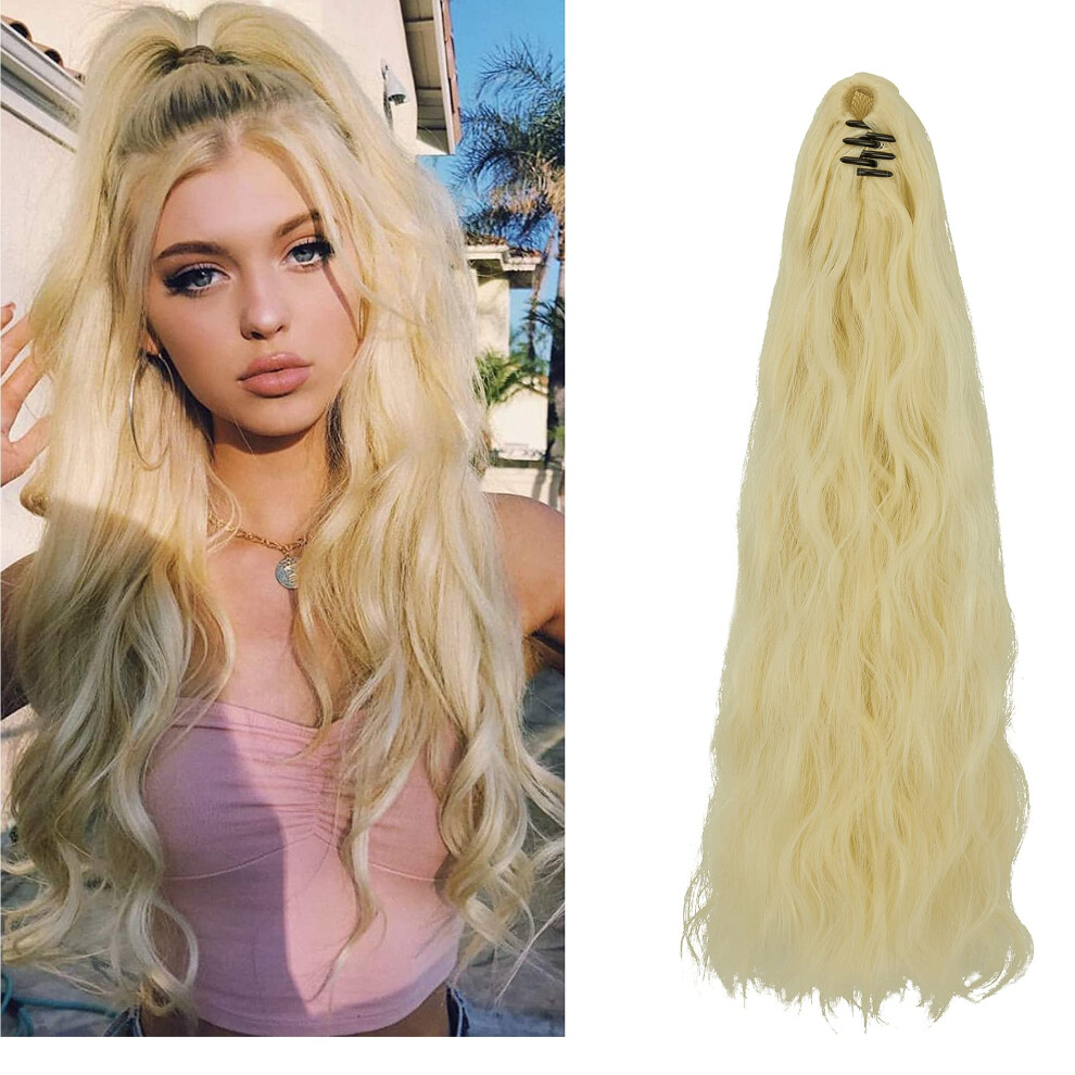 Unisex 613 Bleach Blonde Claw Clip Ponytail Hair Extension 24 Inch Long Curly Synthetic Hairpiece For Instant Volume