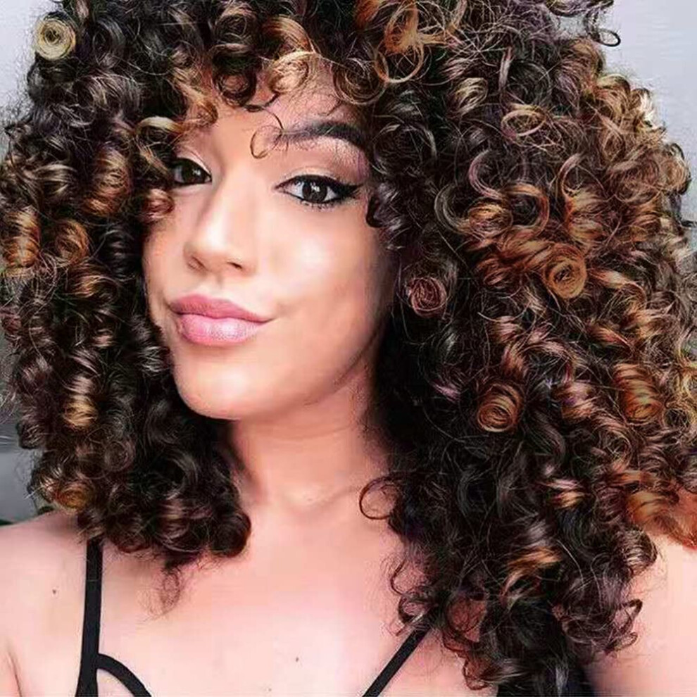 Unisex Black,Brown Afro Curly Wig With Bangs Ombre Roots Brown Synthetic Full Coverage For Black Women