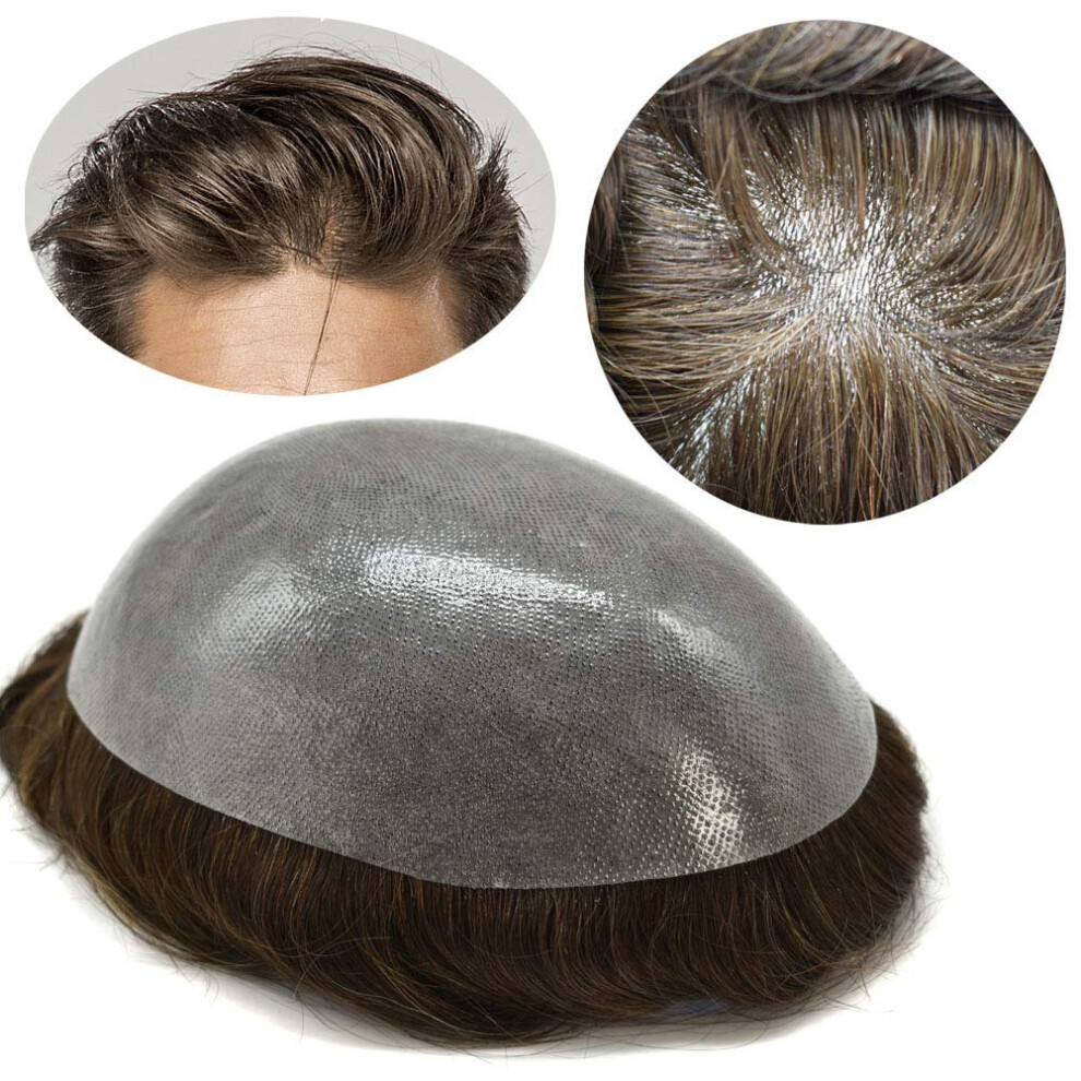 Unisex Mens Hairpiece Full Poly 0.12Mm Pu Human Hair Toupee 8X10 Natural Scalp Appearance For Men