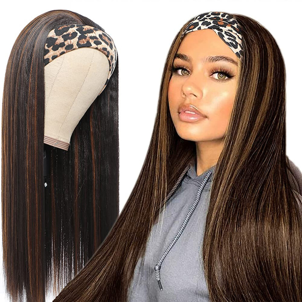 Unisex Black,Brown Glueless Long Straight Headband Wig For Women 22 Inch Black Brown Synthetic Ready To Wear