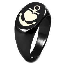Anello ovale piatto in argento sterling con incisione "Ancora del mio cuore" e superficie lucida.