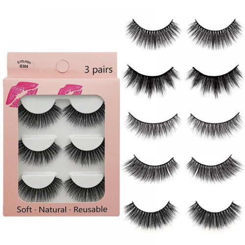 Ψεύτικες βλεφαρίδες Fluffy3D Faux Mink Lashes Wispy Lashes Σετ 3 ζευγών, μακριές και χοντρές