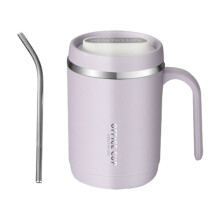 Tazza termica isolata con coperchio e cannuccia, tazza termica a tripla parete con manico per casa, ufficio e attività all'aperto - Viola