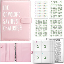 100Envelope Challenge Binder A5, Geldbesparingsboek met kaartsleuf, stalen ring, 25 herbruikbare geld enveloppen - Roze