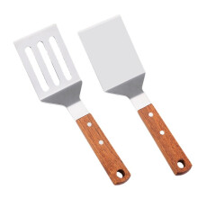 Ensemble de 2 spatules métalliques, spatule Happon pour poêle en fonte, spatule ajourée en acier inoxydable avec manche en bois