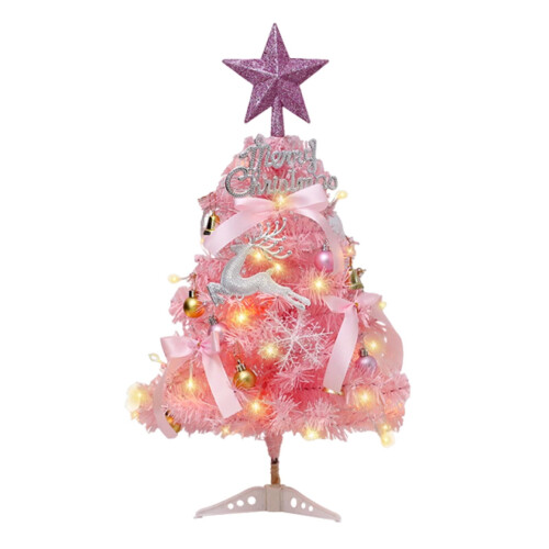 Mini árvore de Natal rosa com estrela e bolas, decoração natalina de mesa aveludada, compatível com decoração de quarto de meninas.