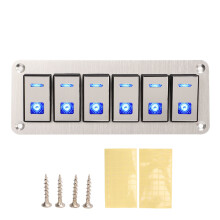 Aluminiumsafbryderpanel til 12V-24V-systemer, blå LED-indikator, vandtæt vippeafbryderpanel, 6-gang SPST, tænd/sluk, præforbundet design med