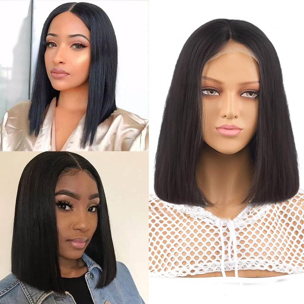 Unisex Brazilian Virgin Human Hair Bob Lace Front Wig 12Inch 180% Density Pre Plucked With Baby Hair