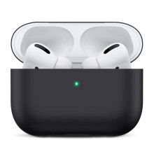 Silikoninen Airpods Pro -kotelo, musta iskunkestävä suojakuori, langattoman latauksen tuki, näkyvä etuosan LED-merkkivalo, innovatiivinen muotoilu