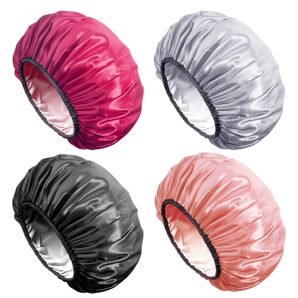 Extra Large Waterproof Double Layer Shower Cap for Women Long Hair, Reusable Satin, 4 Pack