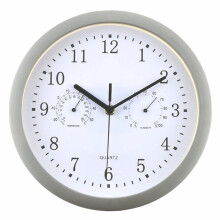 Relógio de parede moderno com visor de temperatura e umidade, silencioso, sem tique-taque, para cozinha, sala de estar, banheiro e quarto (prateado,