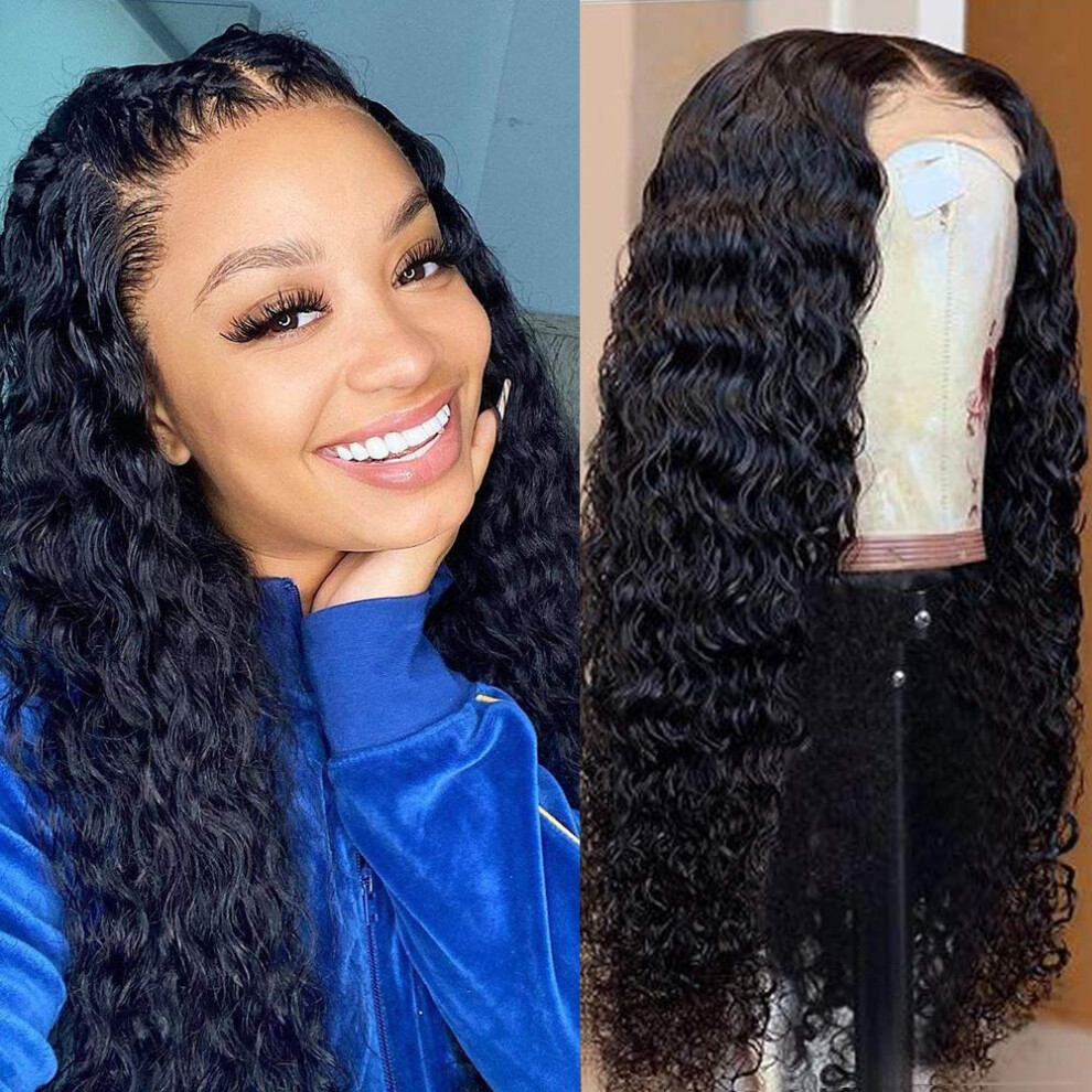 Unisex 26 Inch Deep Wave Lace Front Wig Brazilian Virgin Human Hair Pre Plucked Natural Hairline