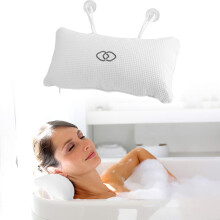 Bath Pillow with Suction Cups, Spa Bathtub Pillow for Head and Neck Support, Waffle Fabric Cover, White