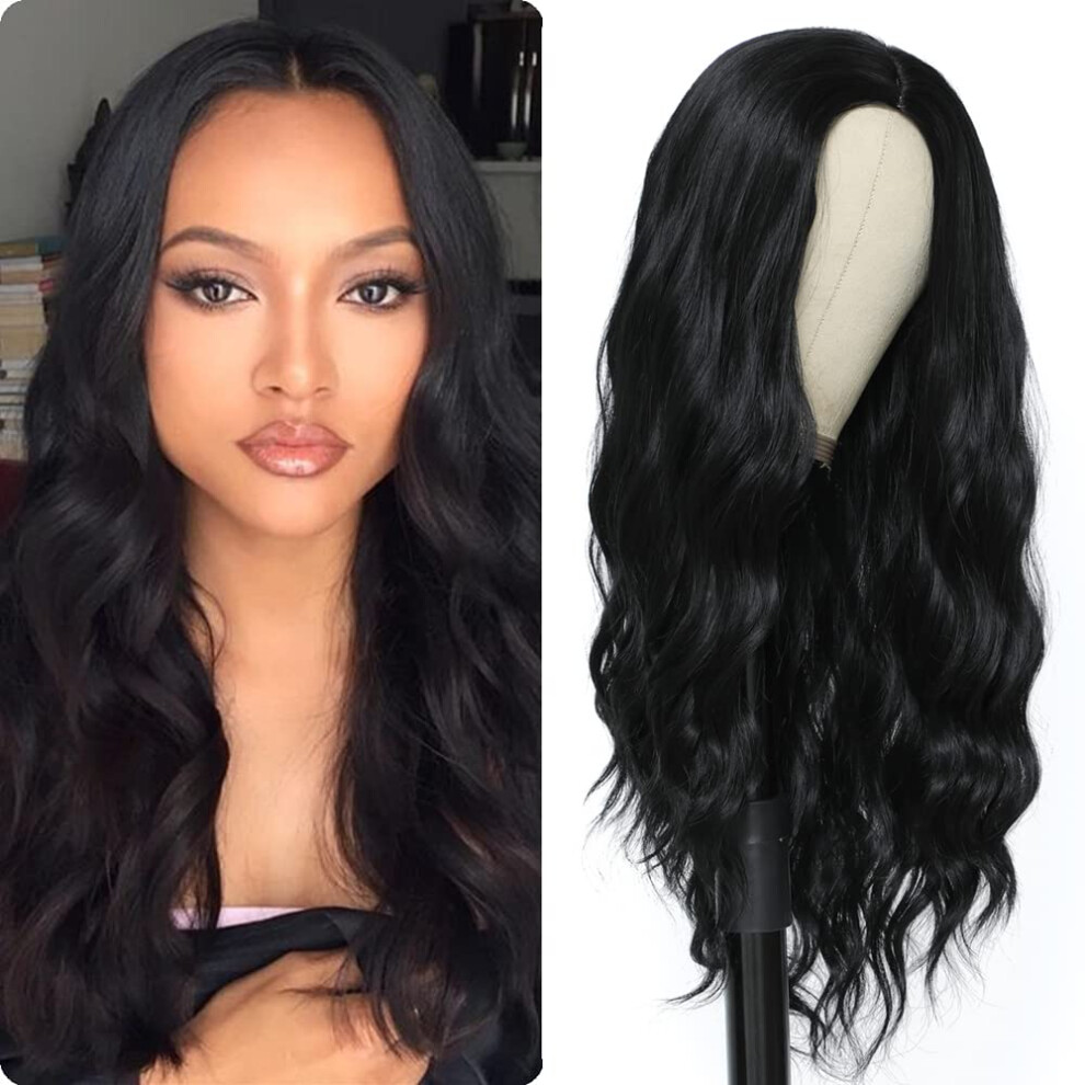 24 Inch Synthetic Body Wave Wig for Black Women, Glueless Heat Resistant 180 Density Natural Black