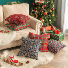 Kerst geruite decoratieve sierkussenhoezen met sneeuwvlokkenmotief, Schotse tartan kussenhoes voor bank, fauteuil, landelijke kerstdecoratie, 45 x 45