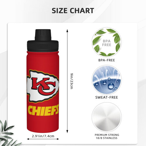 Μπουκάλι νερού Kansas City Chiefs, μονωμένο ποτήρι από ανοξείδωτο ατσάλι 18oz με καπάκι, 2