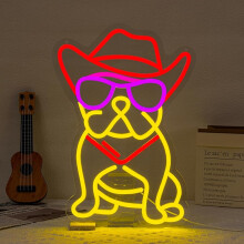 Luminária de parede LED colorida com estampa de Bulldog Francês, chapéu de cowboy e óculos de sol - 40 x 29 cm, ideal para quarto, quarto