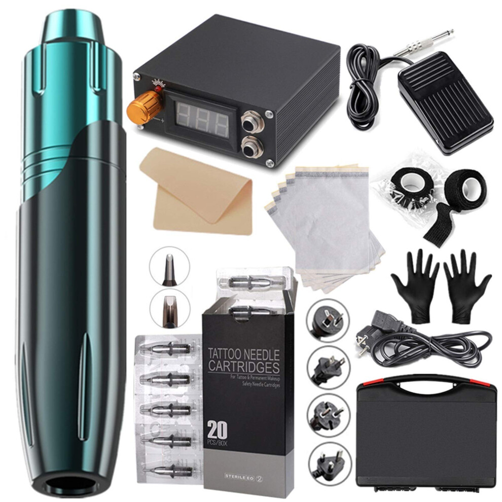 Tattoo Machine Pen Kit with Power Supply, Blue Rotary Tattoo Gun for Beginners and Professionals