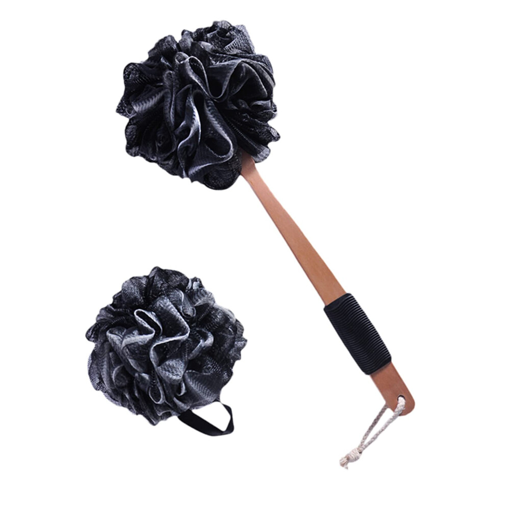 Loofah Back Scrubber with Long Wooden Handle for Deep Exfoliation Bath Sponge Set Black