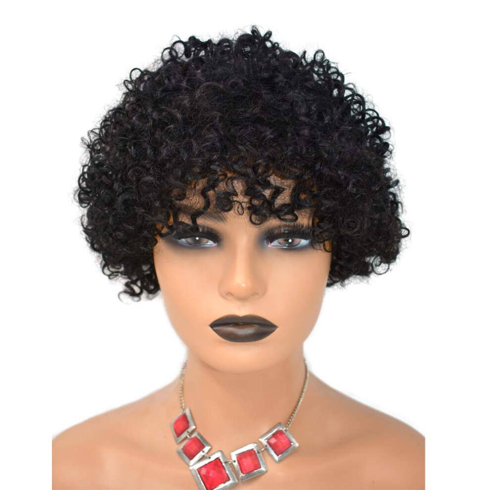 Unisex Black Short Afro Human Hair Wig With Bangs, Glueless Kinky Curly Wig For Women, 10' Off