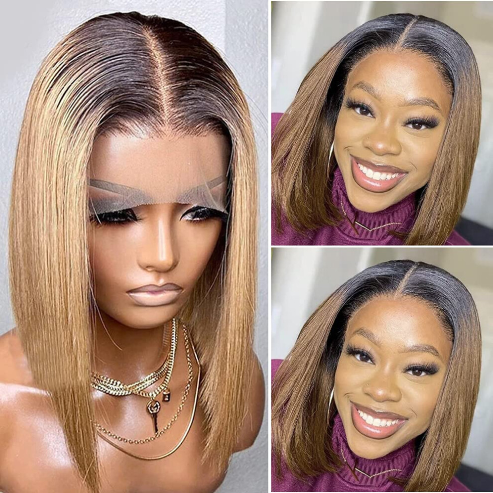 Unisex Ombre Blonde Human Hair Lace Front Bob Wig 8' Pre Plucked 150% Density Brazilian Remy 1B/27