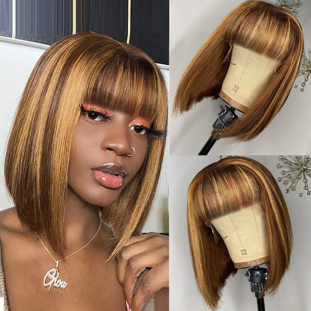 Unisex Black 12 Inch Honey Blonde Ombre Bob Wig With Bangs Brazilian Virgin Human Hair For Women
