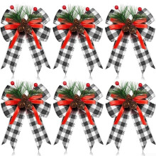 Christmas Tree Bows Set of 6 with Pine Cones Black and White Holiday Ribbon for Wreaths and Crafts