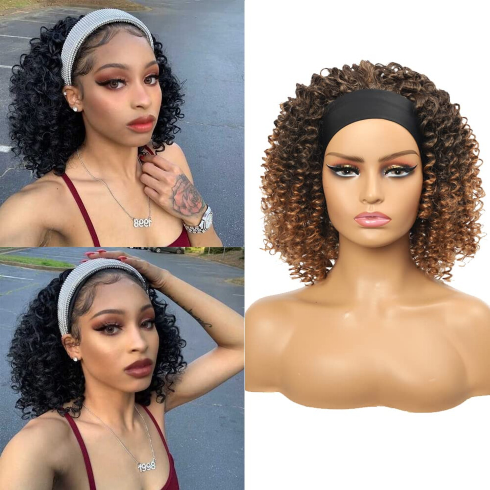 Unisex Green Headband Wig For Women Curly Synthetic Glueless Non Lace Front 180% Density Natural Hairline