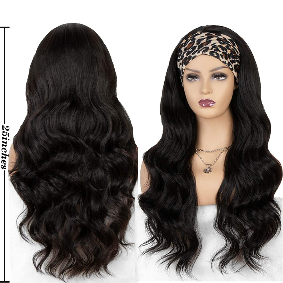 25 Inch Long Wavy Black Headband Wig for Black Women 180% Full Volume HeatResistant