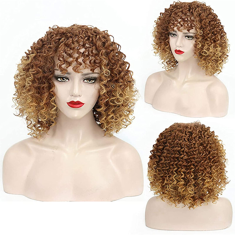 Afro Curly Blonde Wig with Bangs for Black Women, Natural Curls, Adjustable Fit, Gold Color
