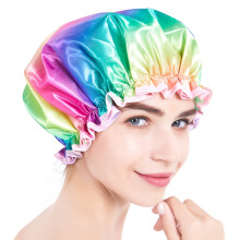 Satin Shower Cap for Women Long Hair, Large Double Layer Waterproof Design, Adjustable Fit