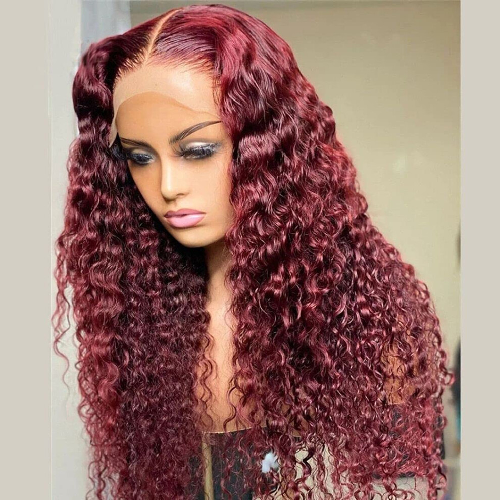 Unisex Red 99J Burgundy 13X6 Lace Front Human Hair Deep Wave Wig Pre Plucked Bleached Knots 150% Density