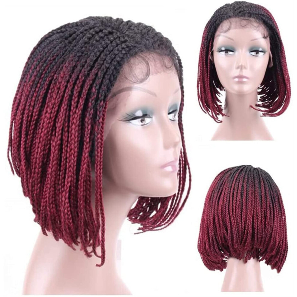 Short Bob Braided Lace Front Wig for Black Women, Omber Red Synthetic, Side Part, Lightweight