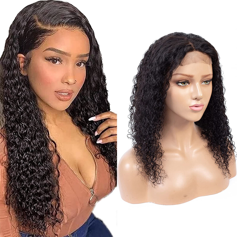 Unisex Human Hair Lace Front Wig 4X4 Lace Closure Pre Plucked Brazilian Curly 150% Density Glueless 24' 1B