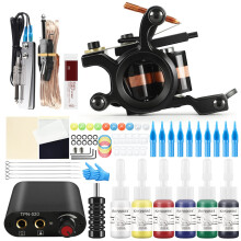 Tattoo Kit with Professional Tattoo Machine, 6 Ink Colors, Needles, Power Supply and Practice Skin