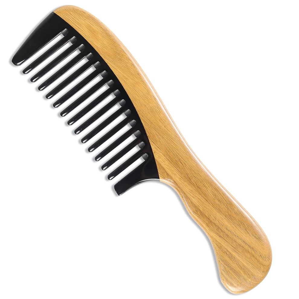 Unisex Green Handmade Sandalwood And Buffalo Horn Wooden Hair Comb, Wide Tooth Antistatic Detangler