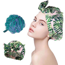 Large Waterproof Turban Shower Cap with Bow Knot, Adjustable Fit for Long Hair Palm Leaves Design