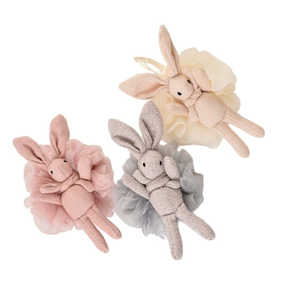 3Pcs Cute Bunny Bath Shower Sponge Loofah Poufs with Hanging Rope for Gentle Skin Exfoliation