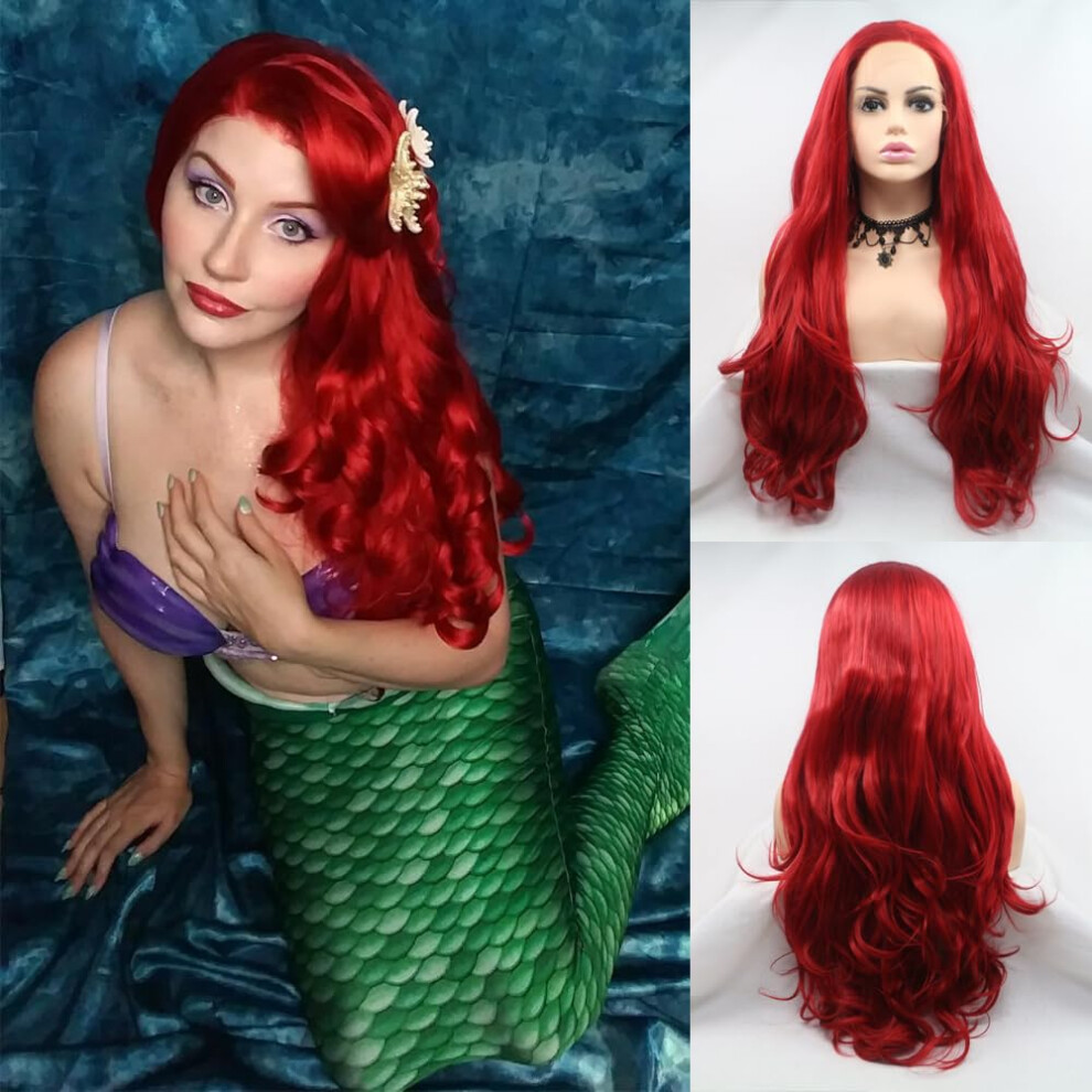 Red Long Body Wave Lace Front Wig for Women Heat Resistant Synthetic Hair Natural Hairline