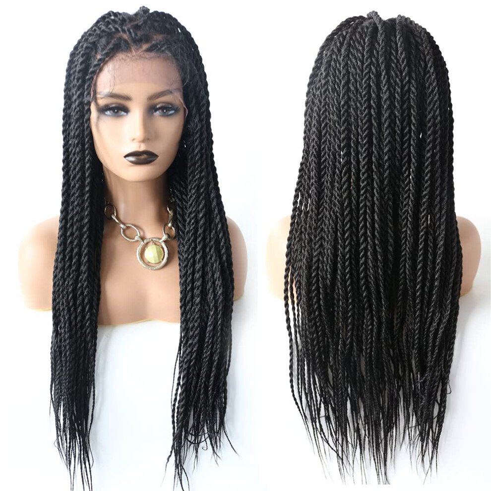 Twist Braided Wig 31 Inch Lace Front with Baby Hair Natural Hairline Synthetic Lightweight Black
