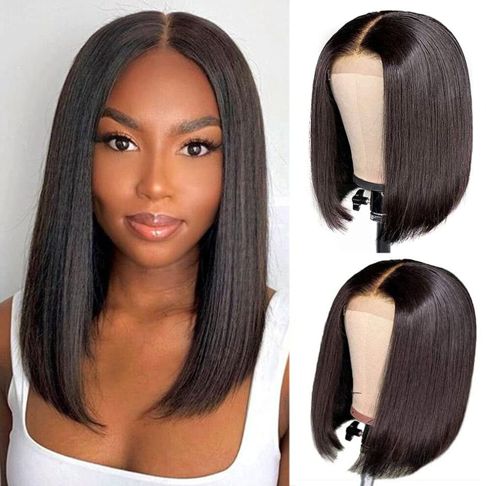 Unisex Bob Lace Front Wig Brazilian Virgin Human Hair, Pre Plucked 4X4 Closure, 150% Density, 14 Inch
